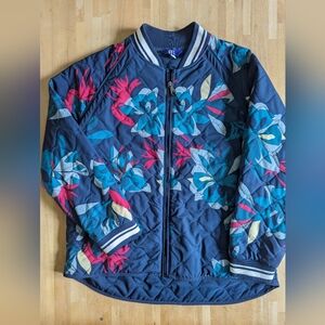 JoyLab Navy Blue Quilted Hibiscus Tropical Floral Full Zip Bomber Jacket Size L